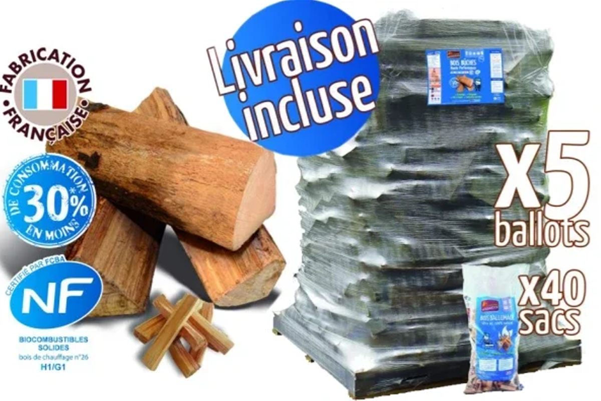 Palette de 24 sacs de bois Bûches de chauffage de 25cm